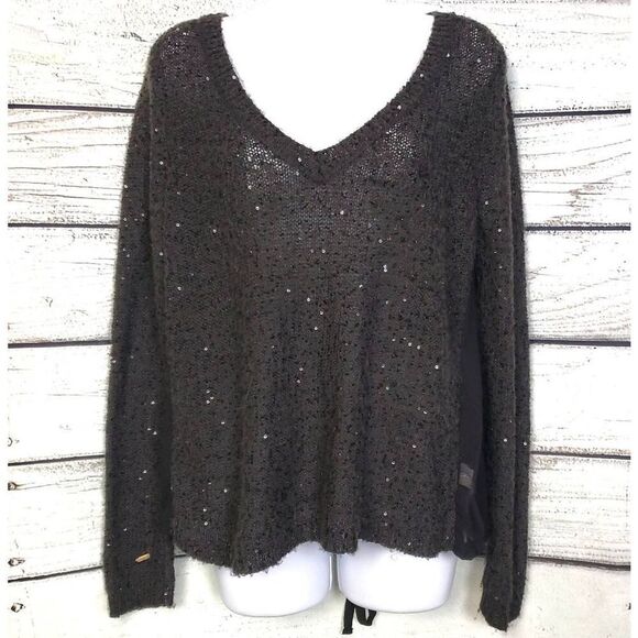 American Eagle Outfitters Black Sequin Sweater Women’s Large V-Neck Long Sleeve - Picture 1 of 6